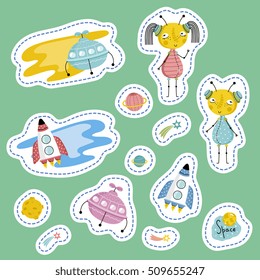 Flying rocket, Saturn, Moon, falling star, alien boy and girl. Cartoon space vector illustration with cute kids space vector element. Funny cartoon space symbols or space emblem. Cartoon space sticker