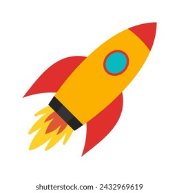 Flying rocket. Rocket ship launched to space. Business booster, start up, future, aim concept. Vector illustration