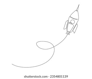 Flying rocket ship outline. Continuous one line drawing of rocket space ship. Editable stroke.