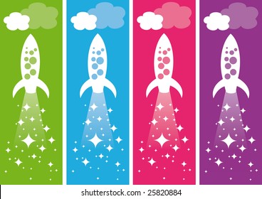 Flying rocket ships. Vector illustration.