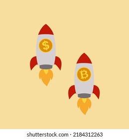 Flying rocket shows bitcoin and dollar price correlation vector
