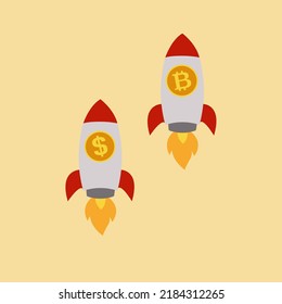Flying rocket shows bitcoin and dollar price correlation vector