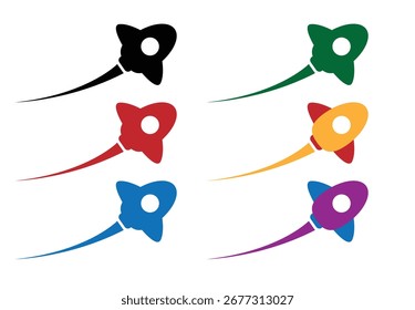 Conjunto de siluetas de cohete volador de diferentes Colores. Arte vectorial de ciencia de exploración espacial y cosmos