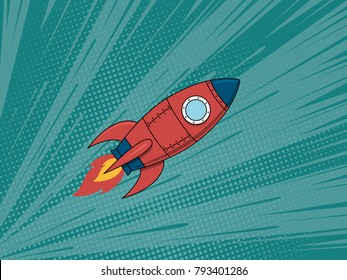 Flying Rocket In Space Comic Book Pop Art Style. Vector Illustration