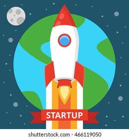 Flying rocket in space. Concept for business startup. Product launching on market. Vector flat illustration.