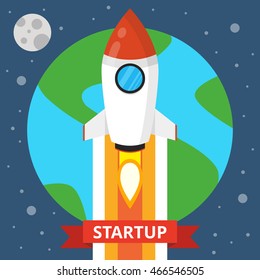 Flying rocket in space. Concept for business startup. Product launching on market. Vector flat illustration.
