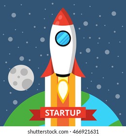 Flying rocket in space. Concept for business startup. Product launching on market. Vector flat illustration.