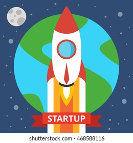 Flying rocket in space. Concept for business startup. Product launching on market. Vector flat illustration.