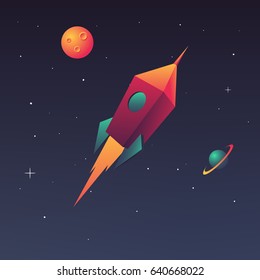 Flying rocket in space with planets and stars. The concept of a start up business or launching a new product on the market. Vector illustration in modern style