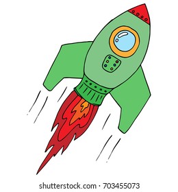 Flying rocket. A space rocket with a porthole. Vector illustration. A cartoon rocket.