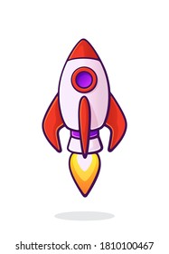 Flying rocket space ship with flame from turbine. Space ship shuttle transport. Concept of business startup. Vector illustration with outline in cartoon style. Clip art Isolated on white background