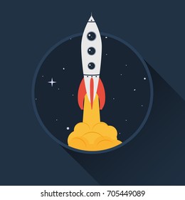 A flying rocket in space with the stars. Web icon. Vector illustration in a flat style.