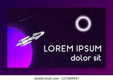 Flying rocket in space. Start up banner with copy space. Falling stars, black hole and violet planet vector illustration.