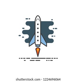 Flying rocket spacecraft in the sky. Flat modern vector icon