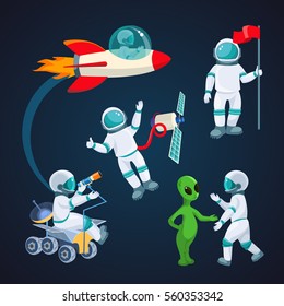 Flying rocket, spaceman with satellite, cosmonaut with red flag, alien speaking with astronaut, scientist with telescope isolated around red planet on background of cosmic sky vector illustration