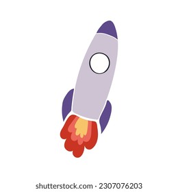 Flying rocket, spaceship hand drawn cartoon illustration. Flat style design, isolated vector. Kids print element, space travel, technology, adventure, transport, science fiction, cosmos universe