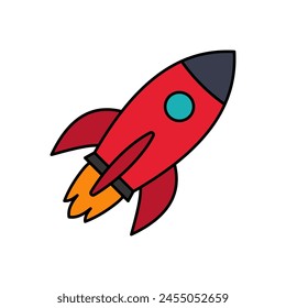 Fliegende Rakete. Raumschiff in den Weltraum gestartet. Existenzgründungskonzept. Vektorillustration
