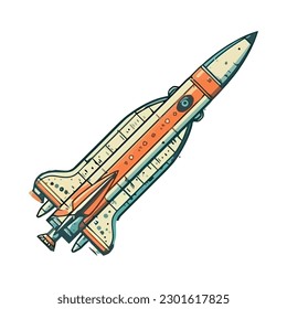 Flying rocket spaceship taking off with flame isolated