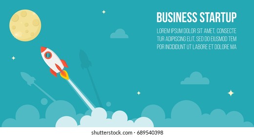 flying rocket in the star to the full moon, flat design illustration for business startup concept on green background suitable for poster or banner