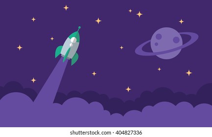 Flying Rocket, Start Up symbol, Space Exploration, Flat illustration