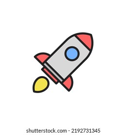 Flying rocket thin line icon. Colourful linear symbol. Vector illustration.
