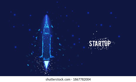 Flying rocket from triangles and luminous points. Startup concept.  Background of beautiful dark blue night sky. Vector Polygonal illustration. Low poly.