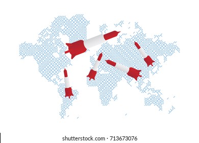 Flying rockets against the background of the technological world map. Flat vector illustration EPS10.