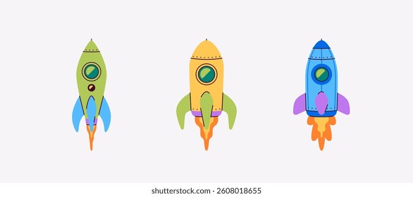 Flying rockets set isolated. Rocket ship with fire launch in the sky. Vector illustration. Children's spaceship toy. Bright colors. Cartoon flat style design. Simple icon. Business, start up concept.