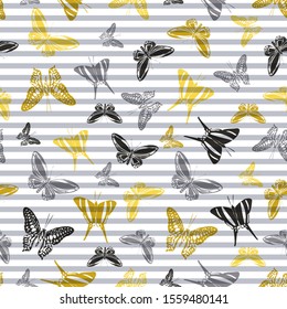 Flying romantic butterfly silhouettes over horizontal stripes vector seamless pattern. Kids fashion textile print design. Lines and butterfly garden insect silhouettes seamless pattern.