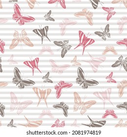 Flying romantic butterfly silhouettes over striped background vector seamless pattern. Girlish fashion fabric print design. Lines and butterfly garden insect silhouettes seamless wrapping.