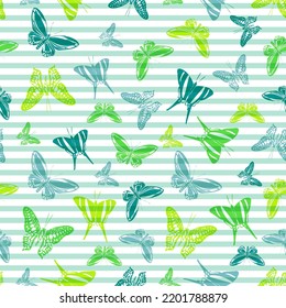 Flying romantic butterfly silhouettes over striped background vector seamless pattern. Cartoon textile print design. Lines and butterfly garden insect silhouettes seamless wallpaper.