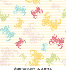 Flying romantic butterfly silhouettes over horizontal stripes vector seamless pattern. Vintage textile print design. Lines and butterfly winged insect silhouettes seamless design.