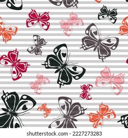 Flying romantic butterfly silhouettes over striped background vector seamless pattern. Kids fashion fabric print design. Lines and butterfly winged insect silhouettes seamless illustration.