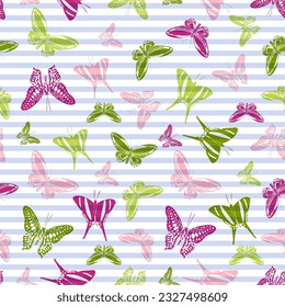 Flying romantic butterfly silhouettes over striped background vector seamless pattern. Kids fashion textile print design. Lines and butterfly garden insect silhouettes seamless illustration.