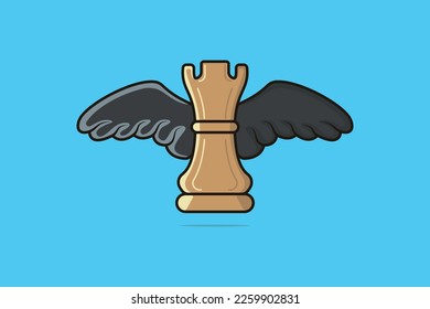 Flying Rook Chess Piece with Wings vector illustration. Sports and recreation object icon concept. Modern rook chess piece and bird wings icon logo. Pawn chess piece vector design with shadow.