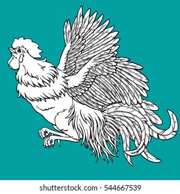 Flying rooster coloring on blue background. Decorative chicken monochrome. Coloring page book. A symbol of the Chinese new year 2017 according to east calendar.