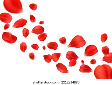 Flying rose petals background. Flower falling petals, Valentine celebration realistic background or backdrop, spring soft blossom, mother day holiday vector wallpaper with red rose flying bloom