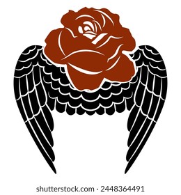 Flying rose. Winged rosebud. Creative floral design. Monochrome red and black silhouette on white background.