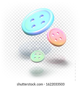 Flying round pastel color plastic sewing buttons for clothes. Handmade, tailoring concept. Materials for sewing. Vector 3d realistic illustration isolated on white background.