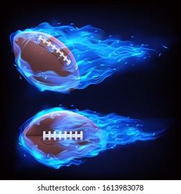 Flying rugby ball in blue fire isolated on black background. Vector realistic symbol of american football in plasma flame. Template for poster, banner for the match of sport tournament