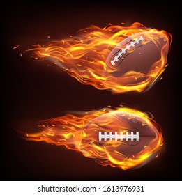 Flying rugby ball in fire isolated on black background. Vector realistic symbol of american football in flame