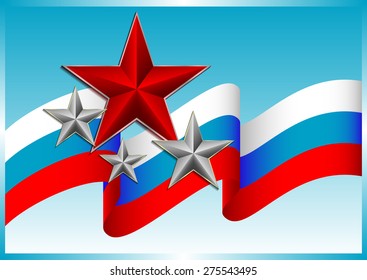 Flying russian flag with red and silver stars on blue background. Day Of Russia in June 12. Mayday in May 1. Victory day in May 9. Vector illustration