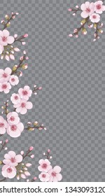 Flying sakura flowers. Handmade background in oriental style. Magenta on white fond. The idea of fabric, invitations, packaging, cards, story.