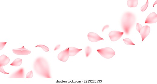 Flying Sakura-Blätter, einzelne Vektorgrafik für Hochzeitseinladung oder Valentinstag-Grußkarte. Realistische Rosa- oder Kirschblütenblüten, Blütenblüte der Sakura, Blütenblätter