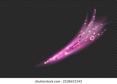 Los pétalos de Sakura voladores se balancean. Decoración brillante de la flor en el fondo negro transparente del png. Ilustración vectorial de stock en estilo realista.