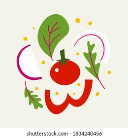 Flying Salat Explosion. Flaches, handgezeichnetes Gemüsefutter schmeckt. Tomate, Glockenpfeffer, Radieschen, Zwiebeln, Mangold, Öltropfen. Gesunde Ernährung, Bio-Lebensmittelkonzept.