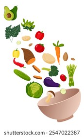 Flying Salad Vegetables Vector Illustration. Fresh Ingredients Tossed into a Bowl