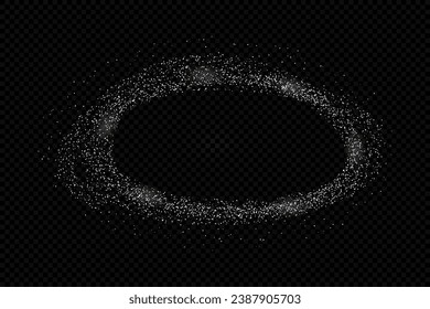 Flying salt on dark. Baking flour top view. Crushed chalk pieces. White sugar oval frame isolated on black background. Circle of powder particles.
