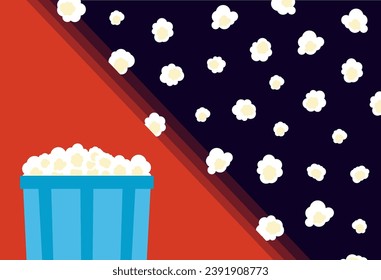 Flying salted corn flakes background. Cinema horizontal poster template with pop corn bucket. Falling pop corn on dark backdrop. National Popcorn Day card. International cinema day flyer. Vector.