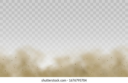 Flying sand. Brown dusty cloud or dry sand flying with a gust of wind, sandstorm. Dust cloud. Scattering trail on track from fast movement. Brown smoke realistic texture vector illustration.